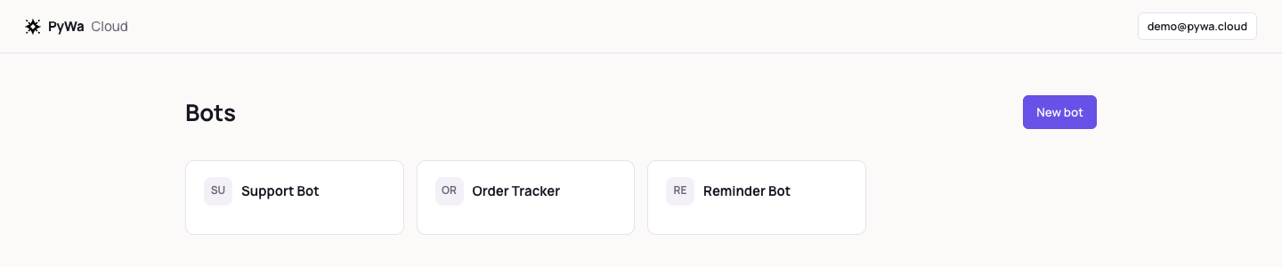 Pywa Cloud dashboard showing a list of bots