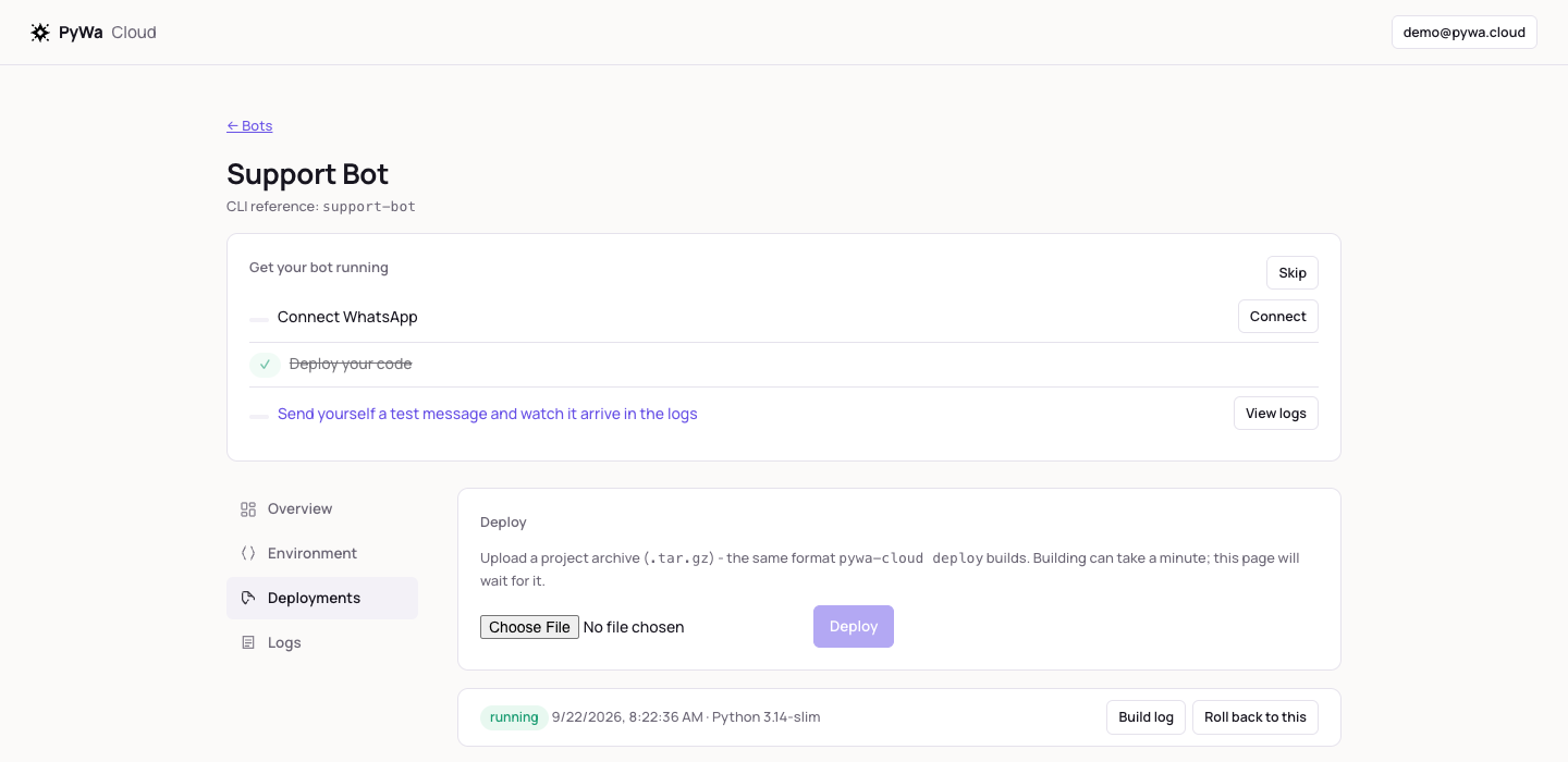 Pywa Cloud dashboard showing a bot's deployment history, a running deployment, and a rollback action